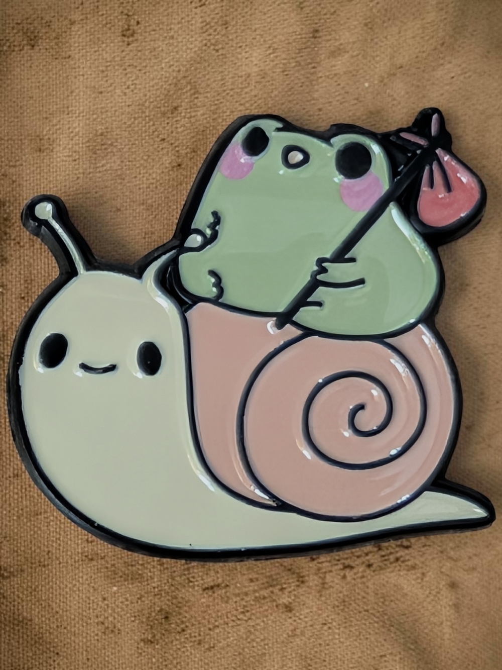 Cute Frog Riding Snail Enamel Pin - Pastel Green & Pink